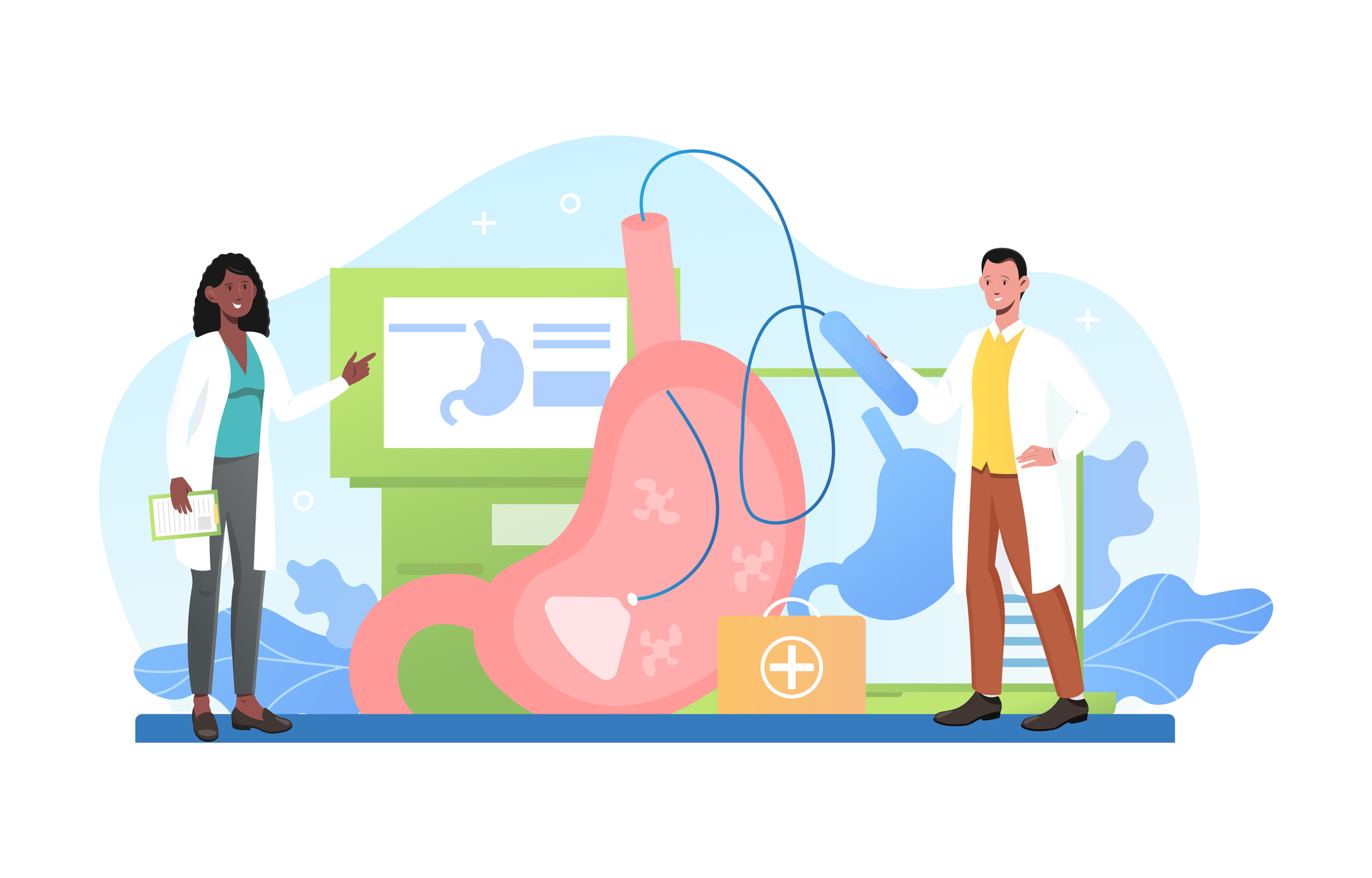 Gastroskopi som undersökningsmetod inom HP, animation som visar läkare, monitor och fibroskop.